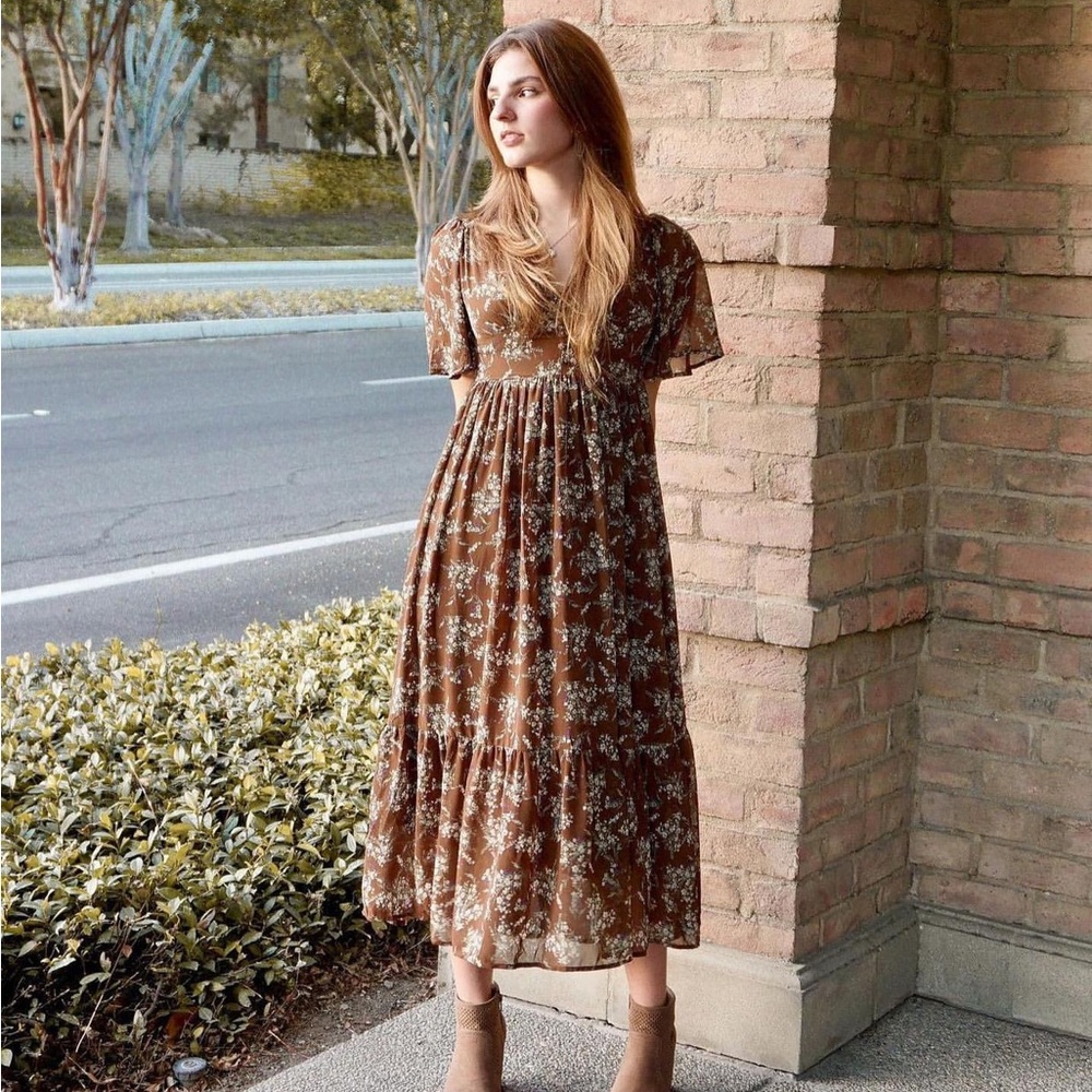 Fall Floral Brown Midi Dress XL Petite